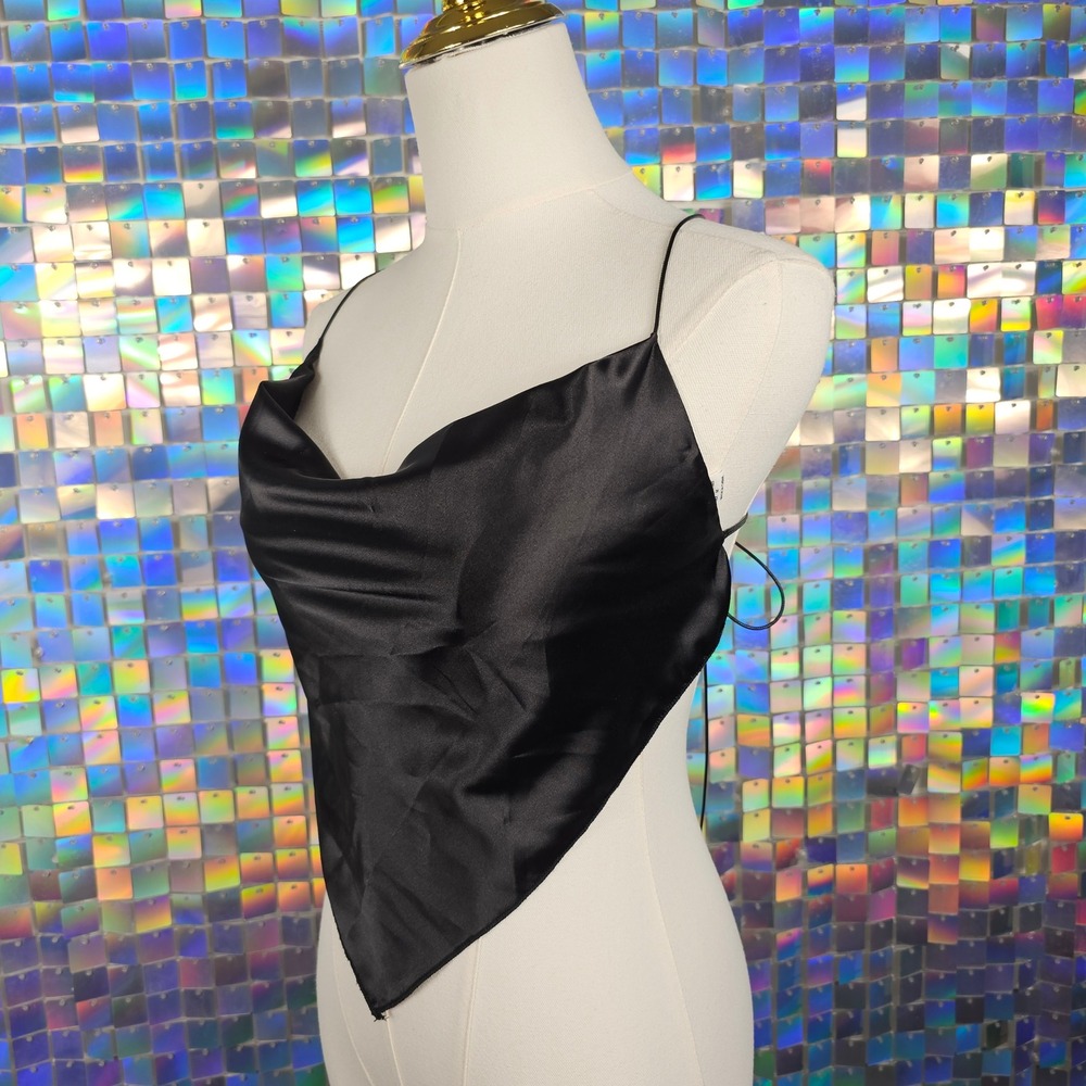 Handkerchief Y2K Cowl Neck Top Women OS Black Satin Tie Back Jersey Shore Summah - Picture 3 of 10